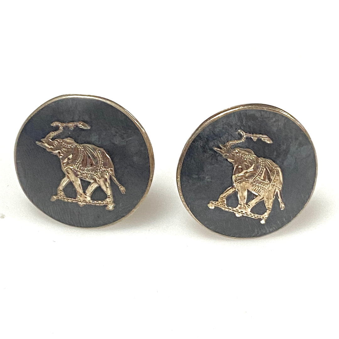 m774 Vintage Siamese Sterling Silver Cufflinks Detailed Elephant Emblem Niello Background