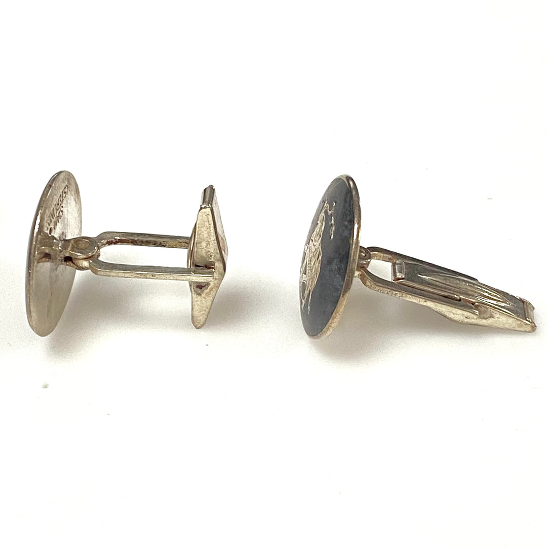 m774 Vintage Siamese Sterling Silver Cufflinks Detailed Elephant Emblem Niello Background