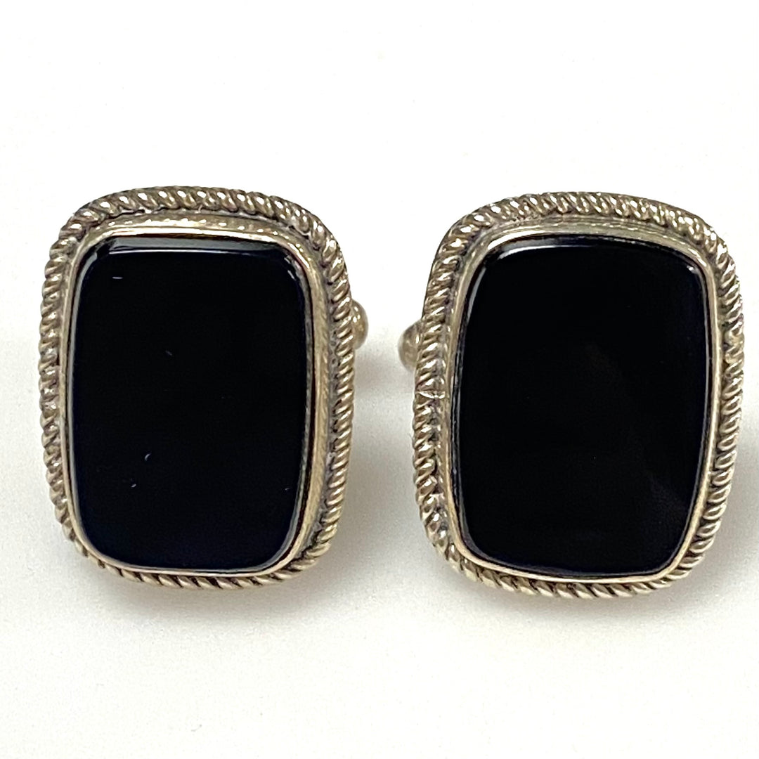 m775 Vintage Sterling Silver Indian Cufflinks Black Onyx Stone in Beaded Border
