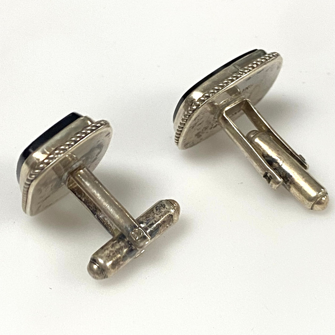m775 Vintage Sterling Silver Indian Cufflinks Black Onyx Stone in Beaded Border