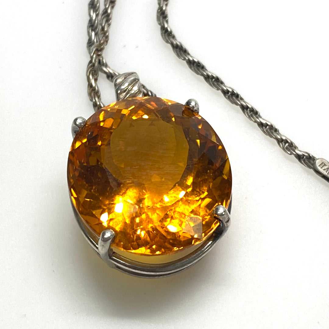 m778 Vintage Sterling Silver Chain Necklace Large Oval Citrine Gemstone Pendant