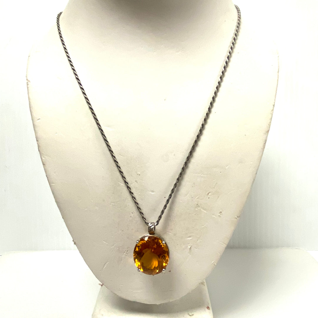 m778 Vintage Sterling Silver Chain Necklace Large Oval Citrine Gemstone Pendant