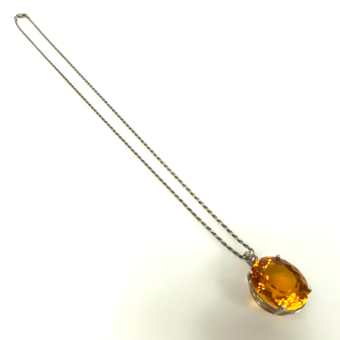 m778 Vintage Sterling Silver Chain Necklace Large Oval Citrine Gemstone Pendant