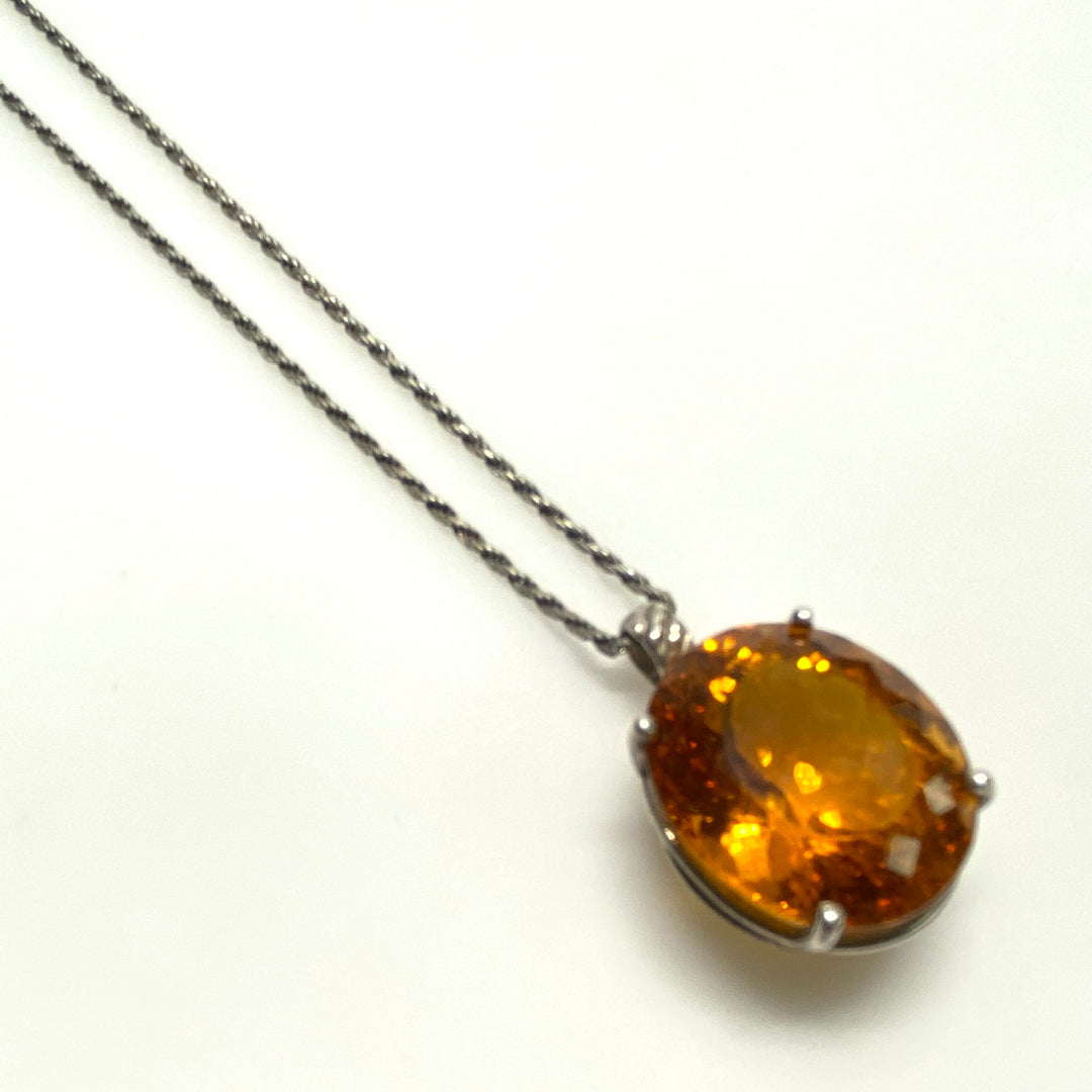 m778 Vintage Sterling Silver Chain Necklace Large Oval Citrine Gemstone Pendant