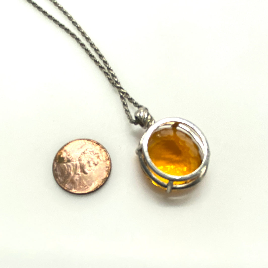 m778 Vintage Sterling Silver Chain Necklace Large Oval Citrine Gemstone Pendant