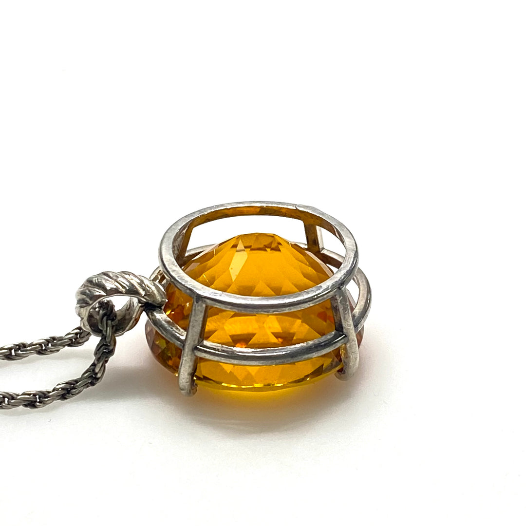 m778 Vintage Sterling Silver Chain Necklace Large Oval Citrine Gemstone Pendant
