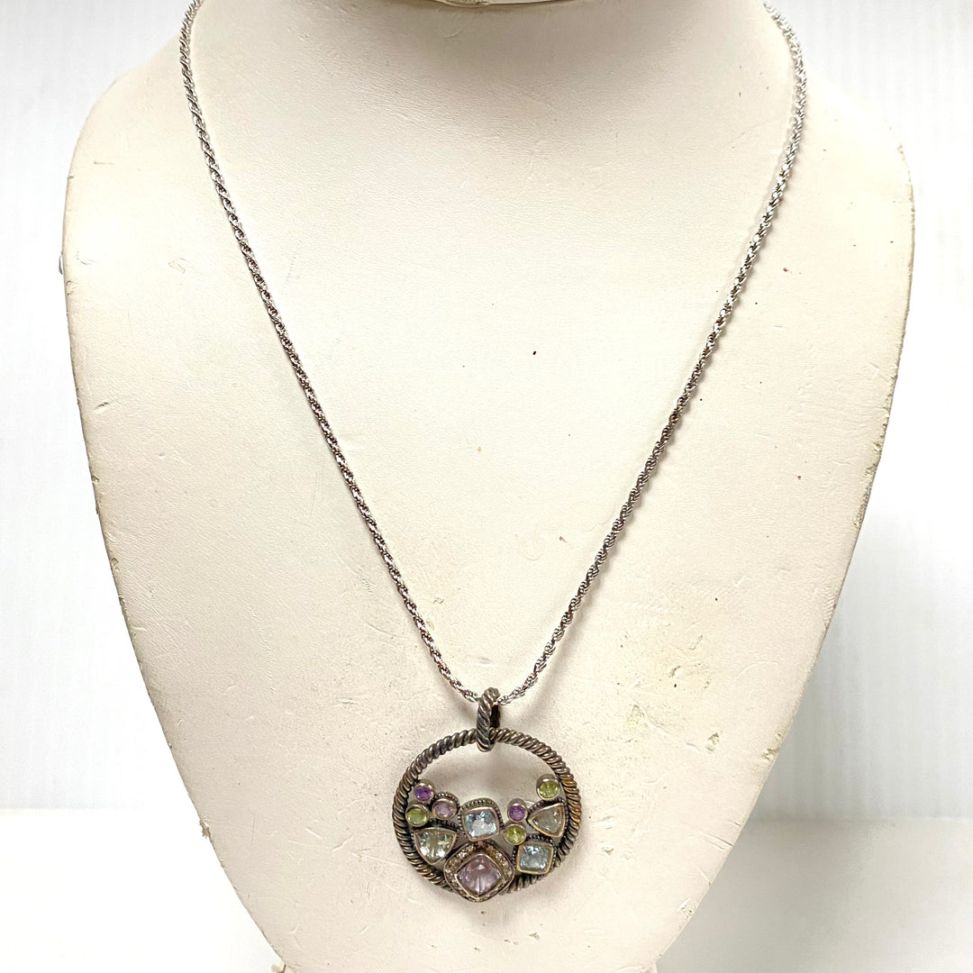 m780 Vintage Sterling Silver 18" Twisted Chain Necklace Round Gemstone Pendant