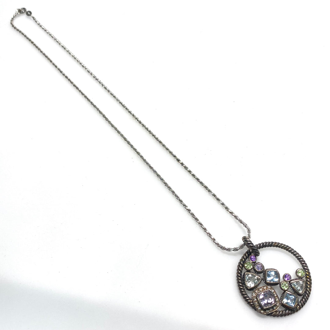 m780 Vintage Sterling Silver 18" Twisted Chain Necklace Round Gemstone Pendant