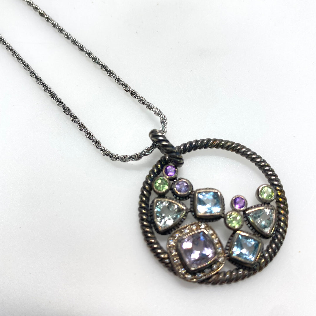 m780 Vintage Sterling Silver 18" Twisted Chain Necklace Round Gemstone Pendant