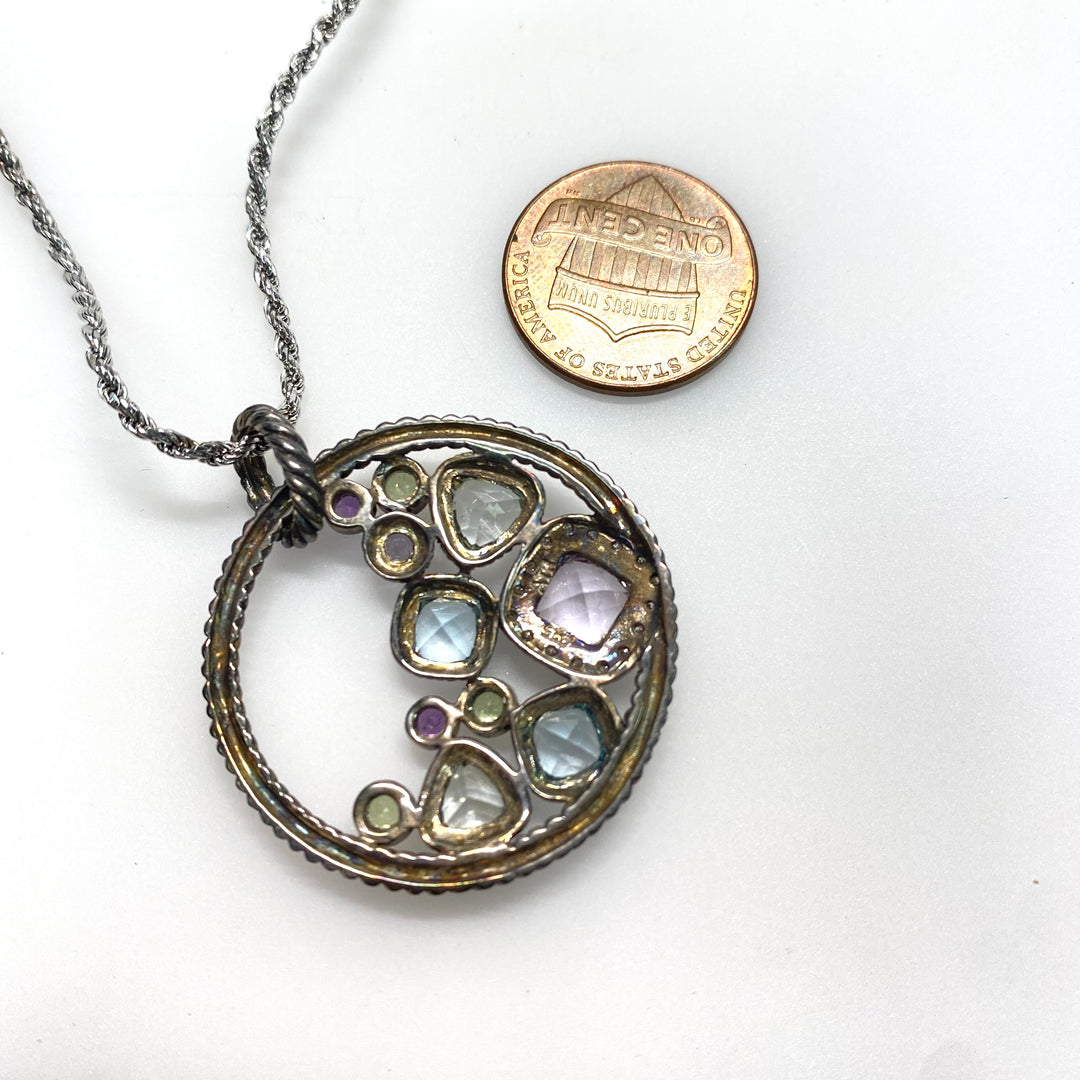 m780 Vintage Sterling Silver 18" Twisted Chain Necklace Round Gemstone Pendant