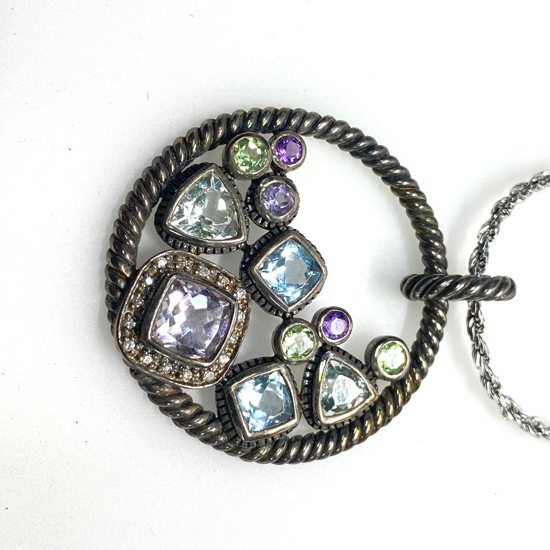 m780 Vintage Sterling Silver 18" Twisted Chain Necklace Round Gemstone Pendant