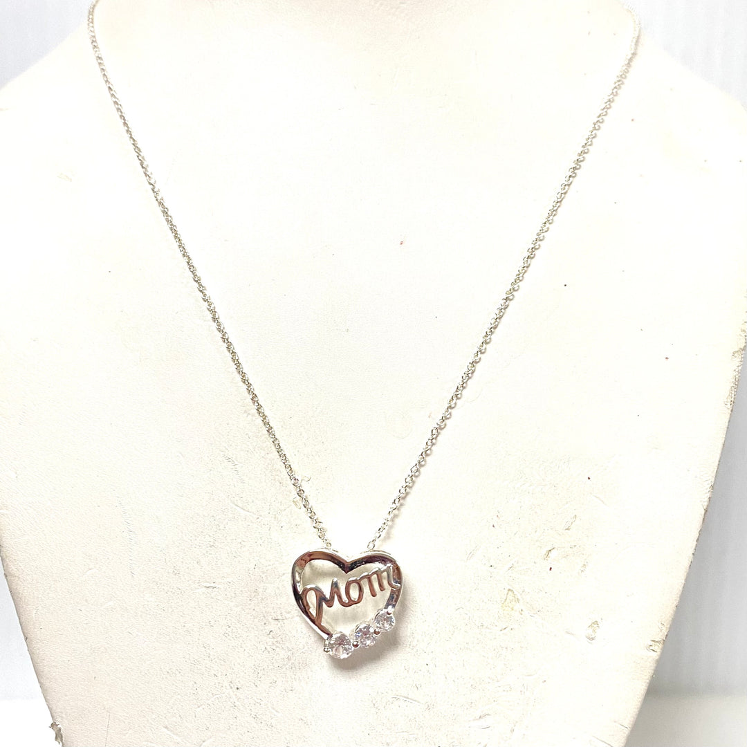 m792 Danecraft Fine Silver Plated "Mom" Heart Pendant Necklace 3 Pairs Earrings