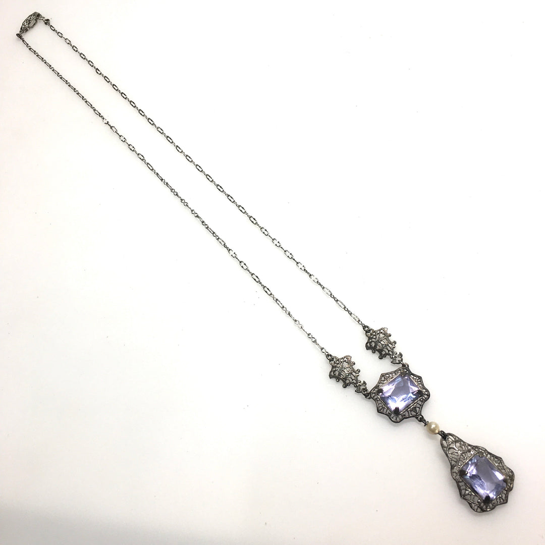 m793 Antique Art Deco 10K White Gold Necklace Classic Lavalier Style Dropping Pendant