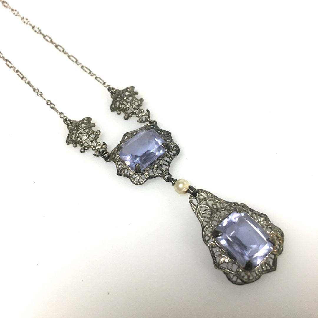 m793 Antique Art Deco 10K White Gold Necklace Classic Lavalier Style Dropping Pendant