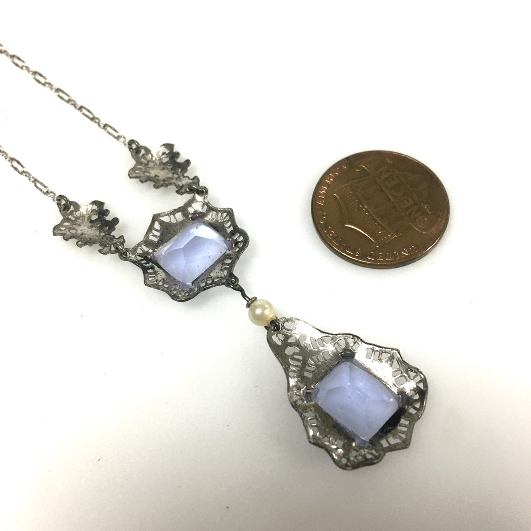 m793 Antique Art Deco 10K White Gold Necklace Classic Lavalier Style Dropping Pendant