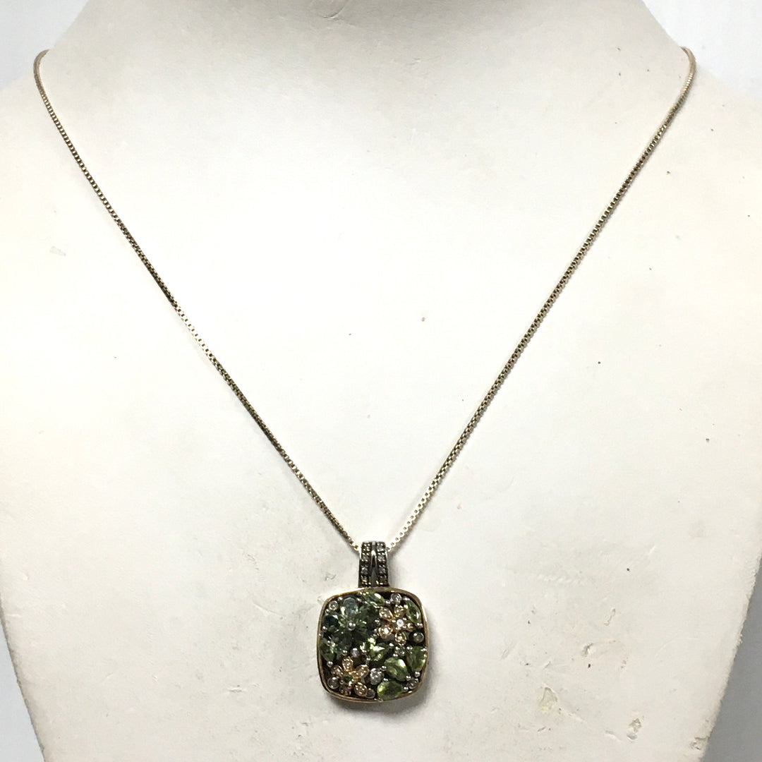 m796 Vintage Multi-stone Cluster Flower Pendant 18" Necklace Sterling 14K Yellow Gold