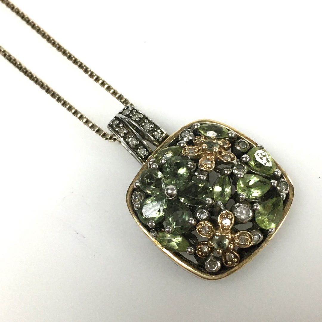 m796 Vintage Multi-stone Cluster Flower Pendant 18" Necklace Sterling 14K Yellow Gold