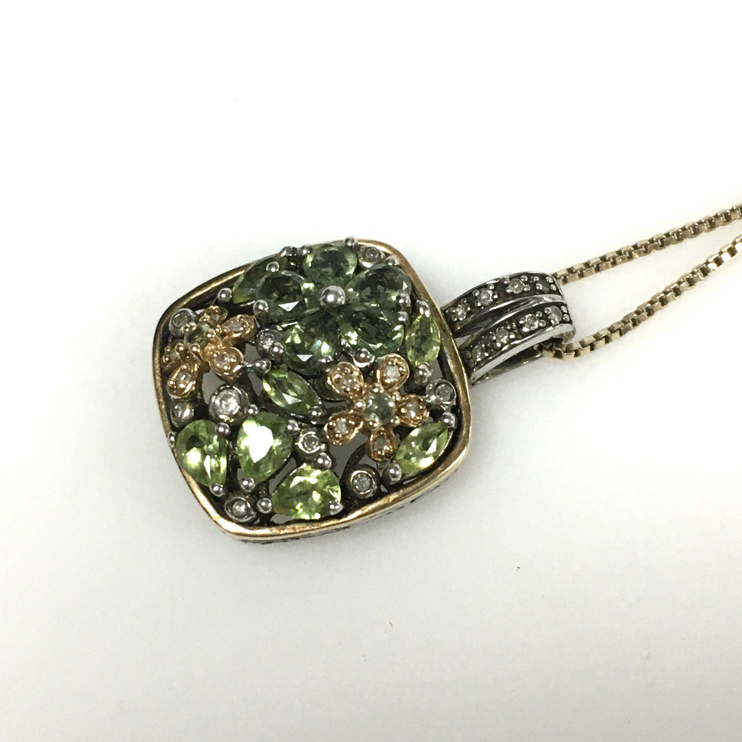 m796 Vintage Multi-stone Cluster Flower Pendant 18" Necklace Sterling 14K Yellow Gold