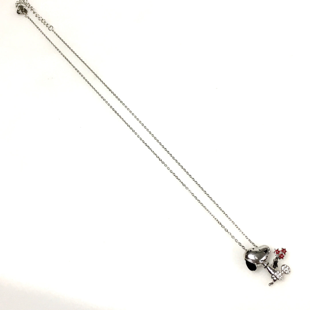 m798  Sterling Silver 17" Necklace & Peanuts Snoopy Pendant Crystal-paved Feet