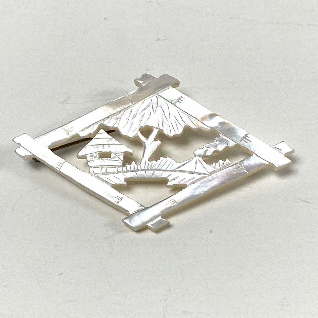 m813 Vintage Mother of pearl Brooch Pin Hand-carved Philippine Landscape 1970's
