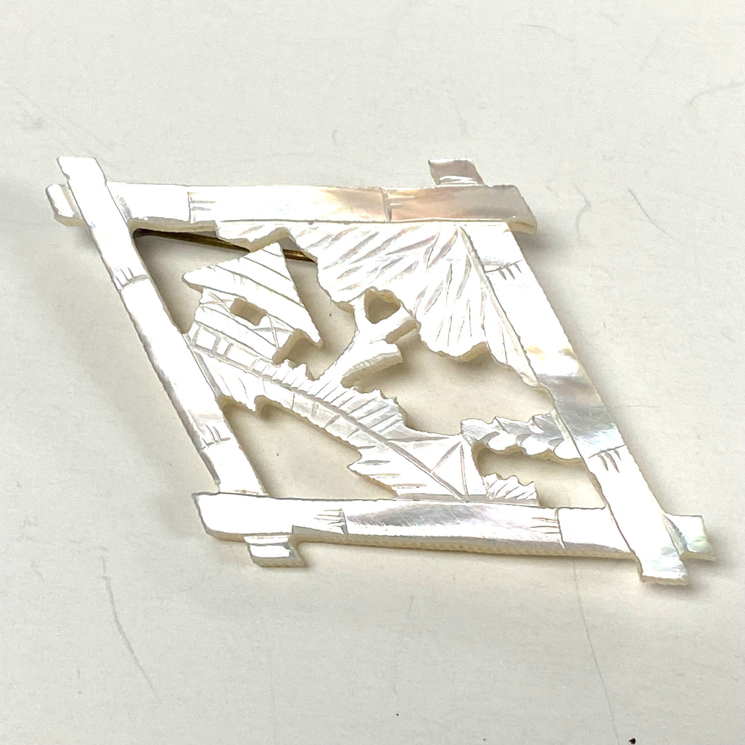 m813 Vintage Mother of pearl Brooch Pin Hand-carved Philippine Landscape 1970's