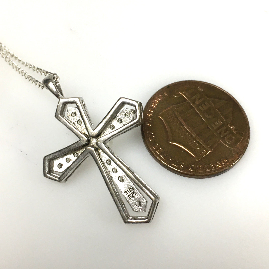 m824 Vintage Sterling Silver Cross Pendant Pearl & CZ on 16" Chain Necklace