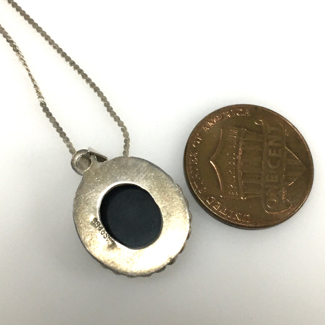 m826 Vintage Sterling Silver Black Onyx Pendant 24" Twisted Link Chain Necklace