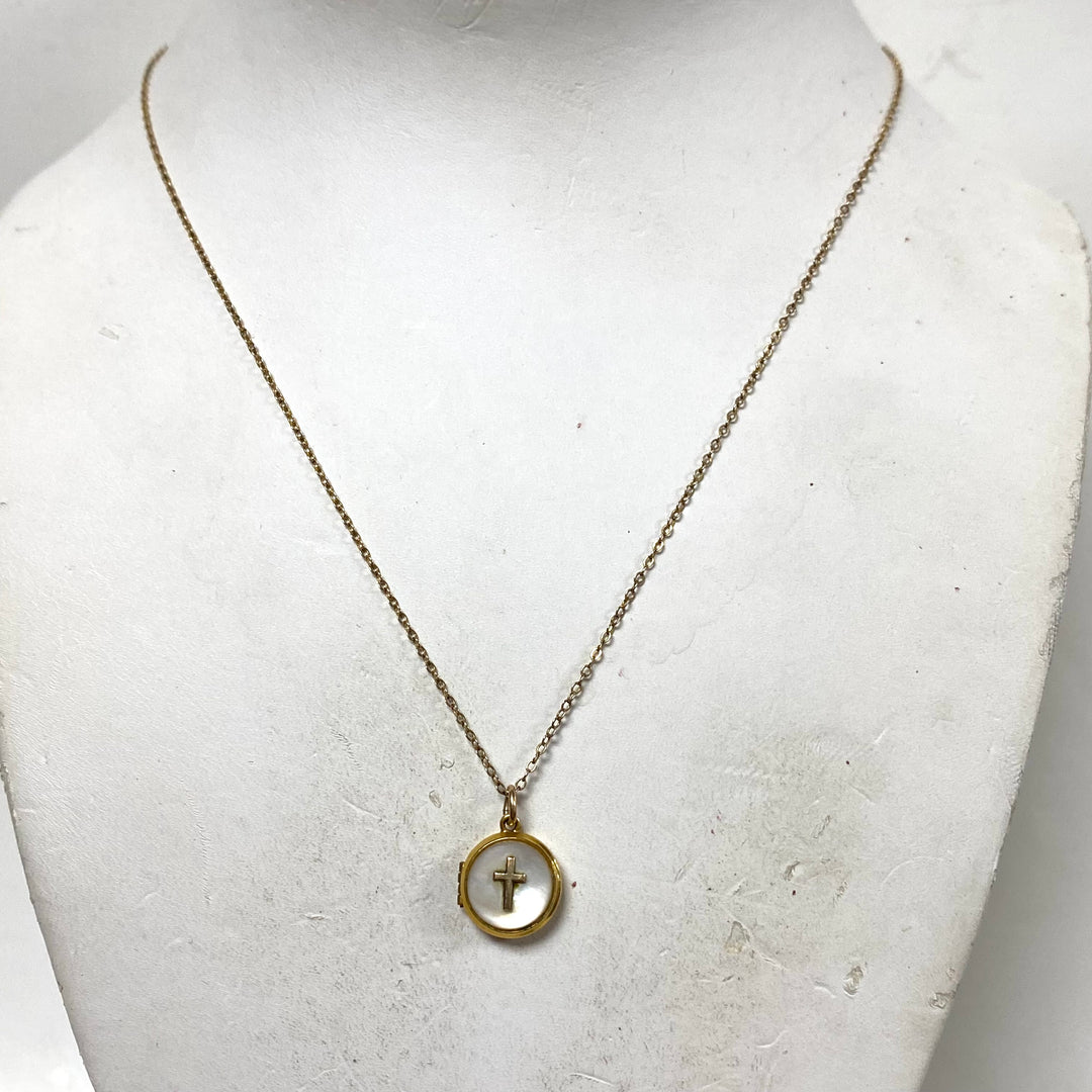 m833 Vintage 12K GF Latin Cross Mother-of-pearl Locket Pendant 17" Necklace