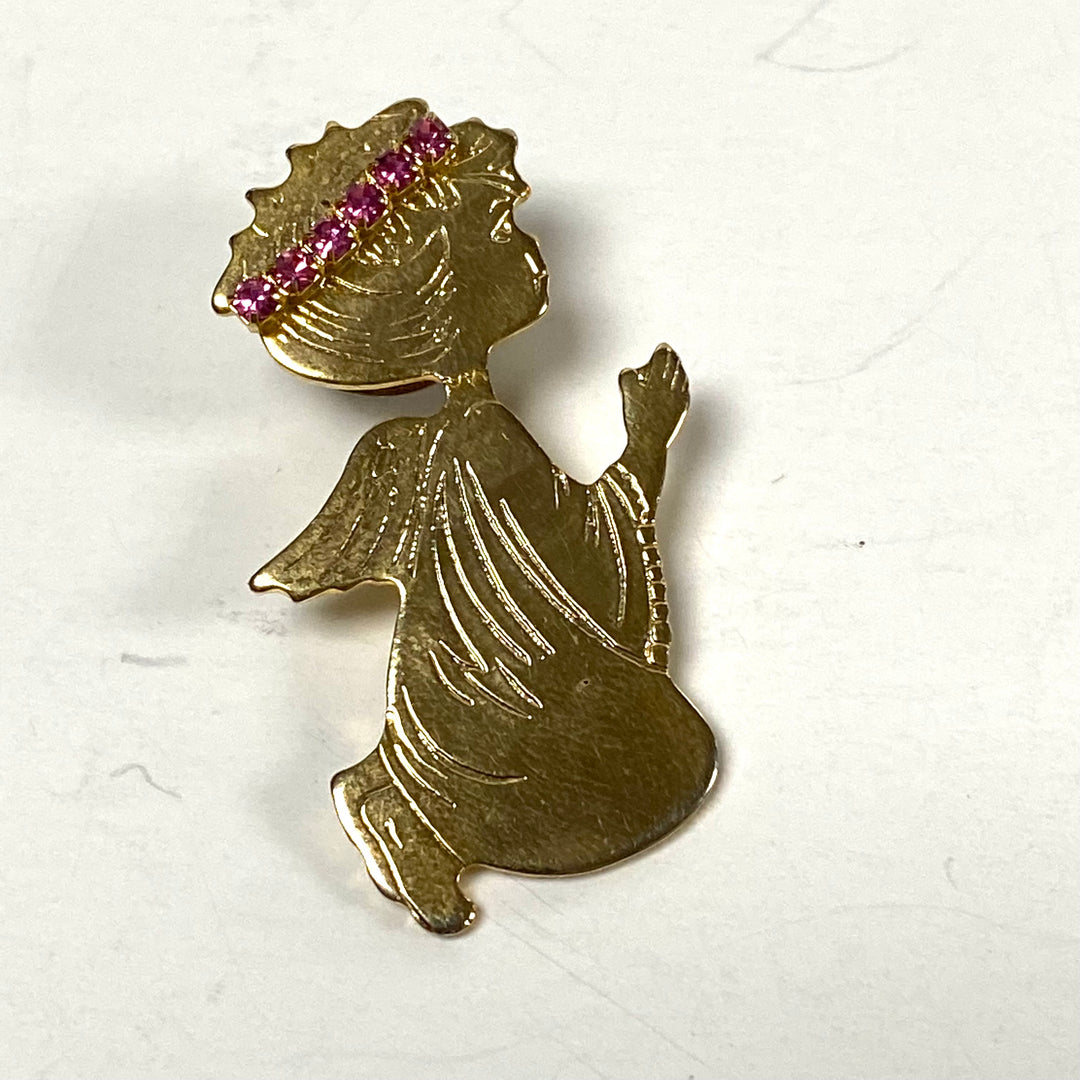 m834 Vintage Gold Tone Praying Angel Adorned with Pink Stones Halo Pin Brooch