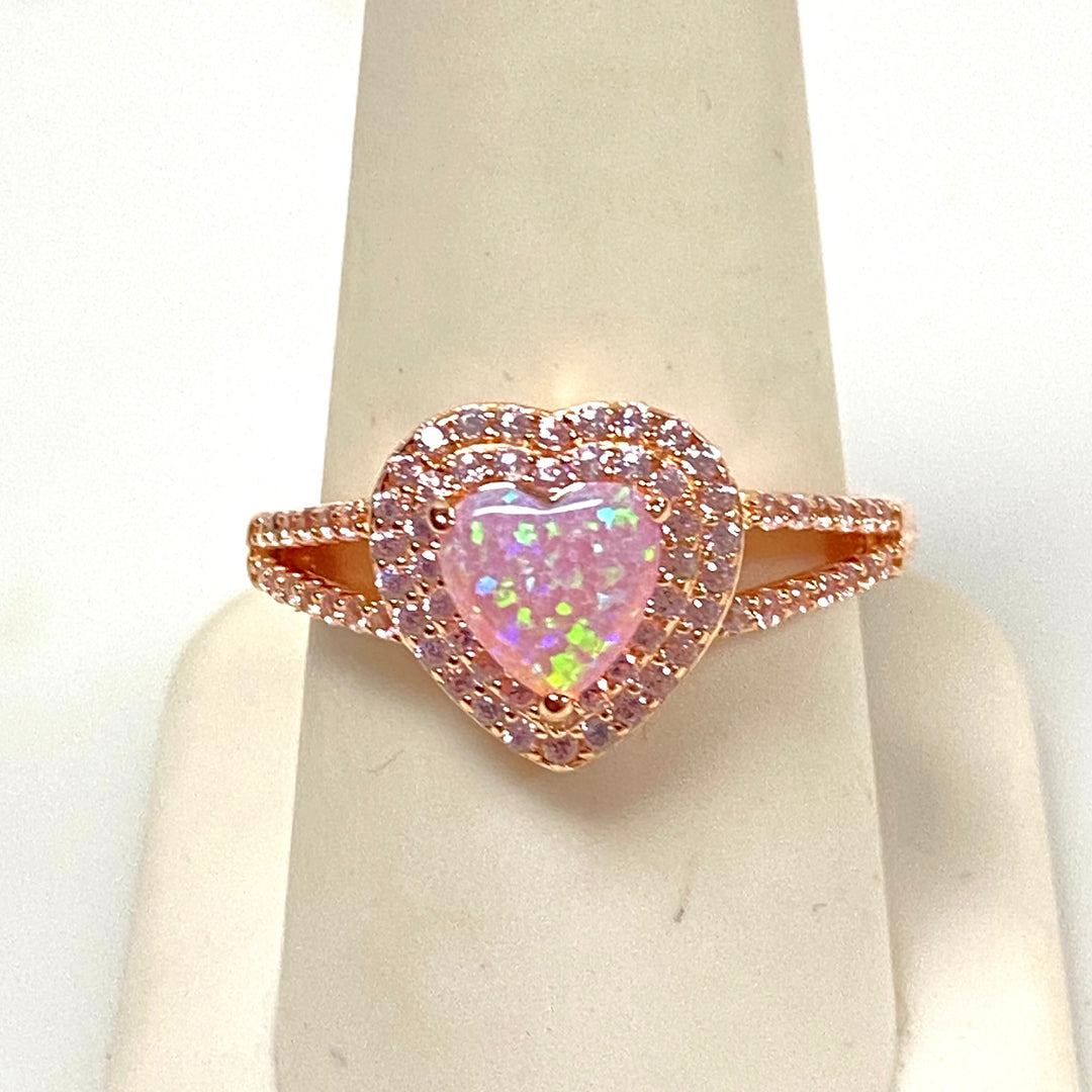 m837 Vintage Sterling Silver Pink Opal and Pinl CZ Heart Shaped Ring Size 7.75
