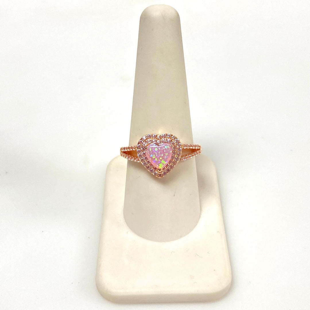 m837 Vintage Sterling Silver Pink Opal and Pinl CZ Heart Shaped Ring Size 7.75