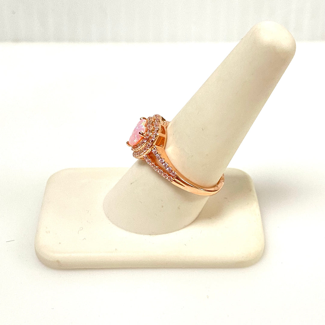 m837 Vintage Sterling Silver Pink Opal and Pinl CZ Heart Shaped Ring Size 7.75