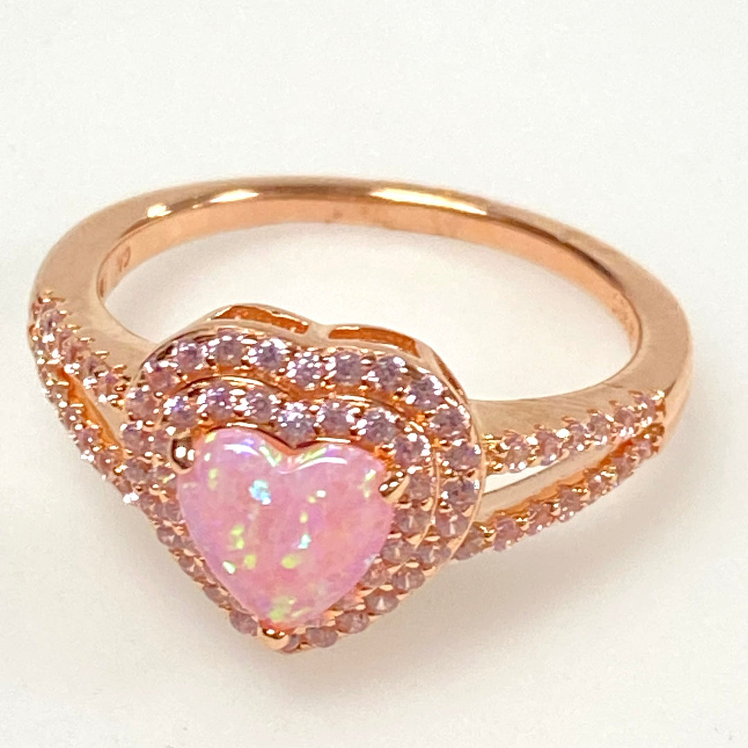 m837 Vintage Sterling Silver Pink Opal and Pinl CZ Heart Shaped Ring Size 7.75