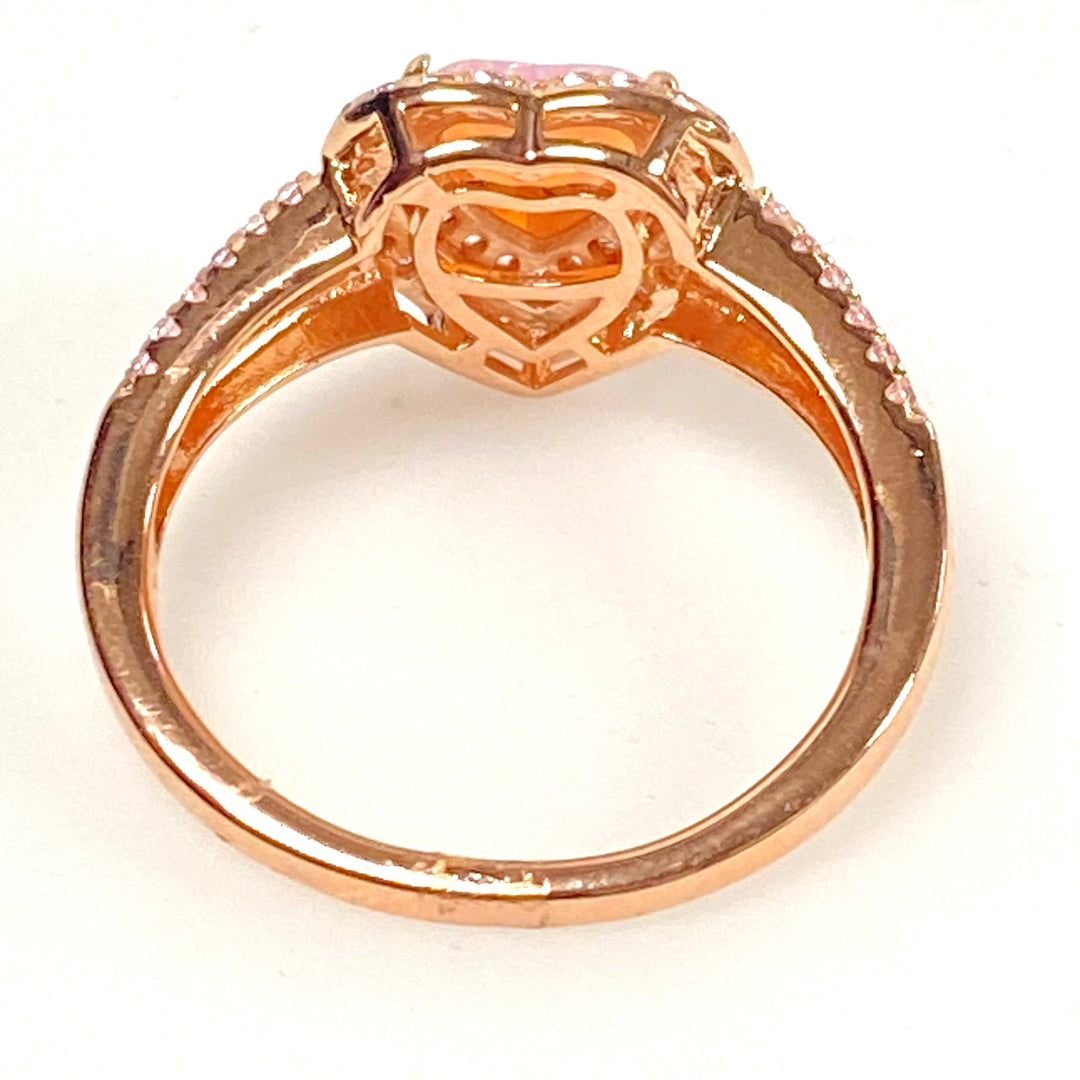 m837 Vintage Sterling Silver Pink Opal and Pinl CZ Heart Shaped Ring Size 7.75