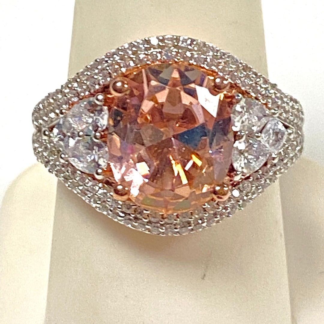 m839 Rose Gold Over Sterling Silver Oval Morganite Cubic Zirconia Ring Size 8.75