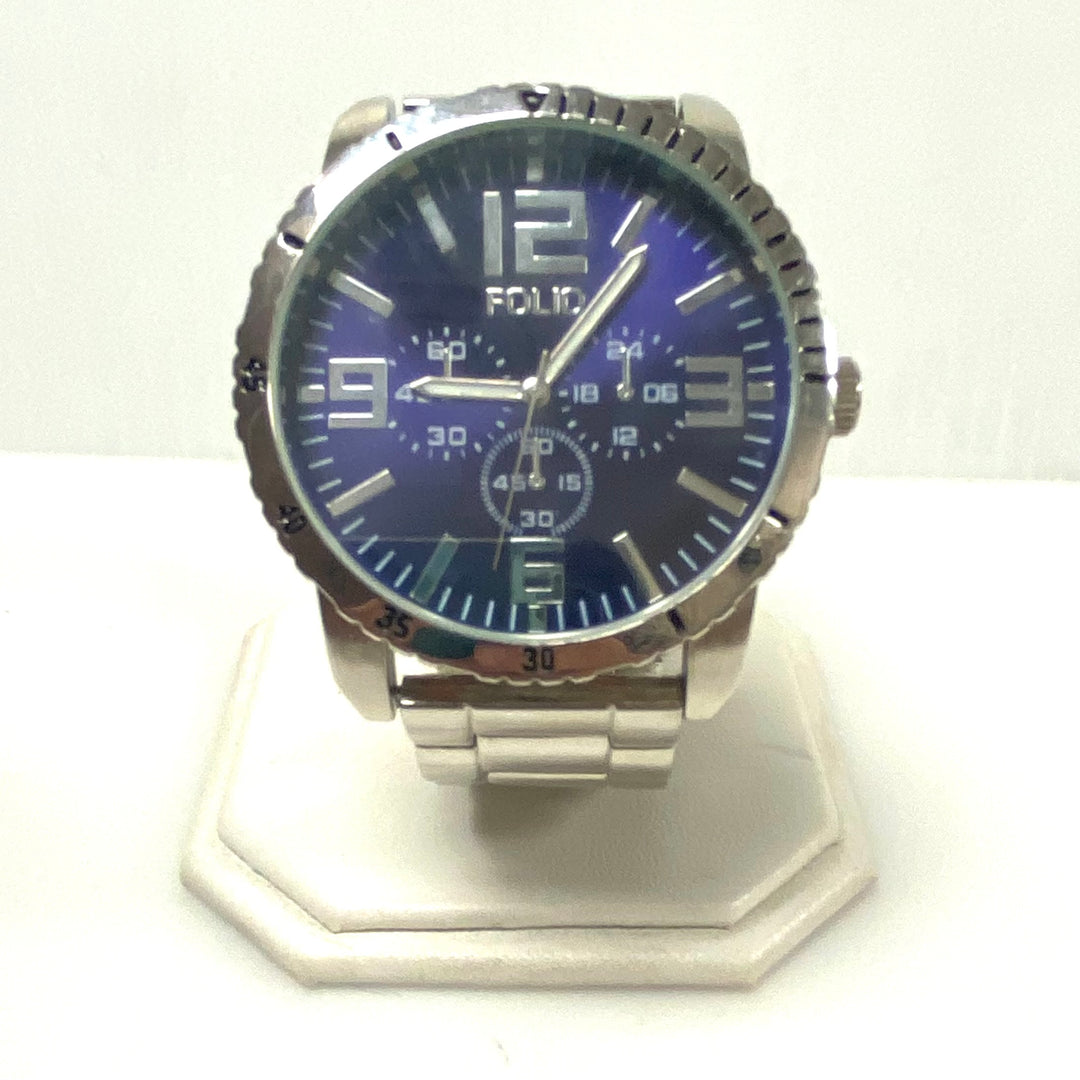 m842 Folio Men's Stainless Steel Quartz Fashion Watch Metallic Blue Sunray Dial