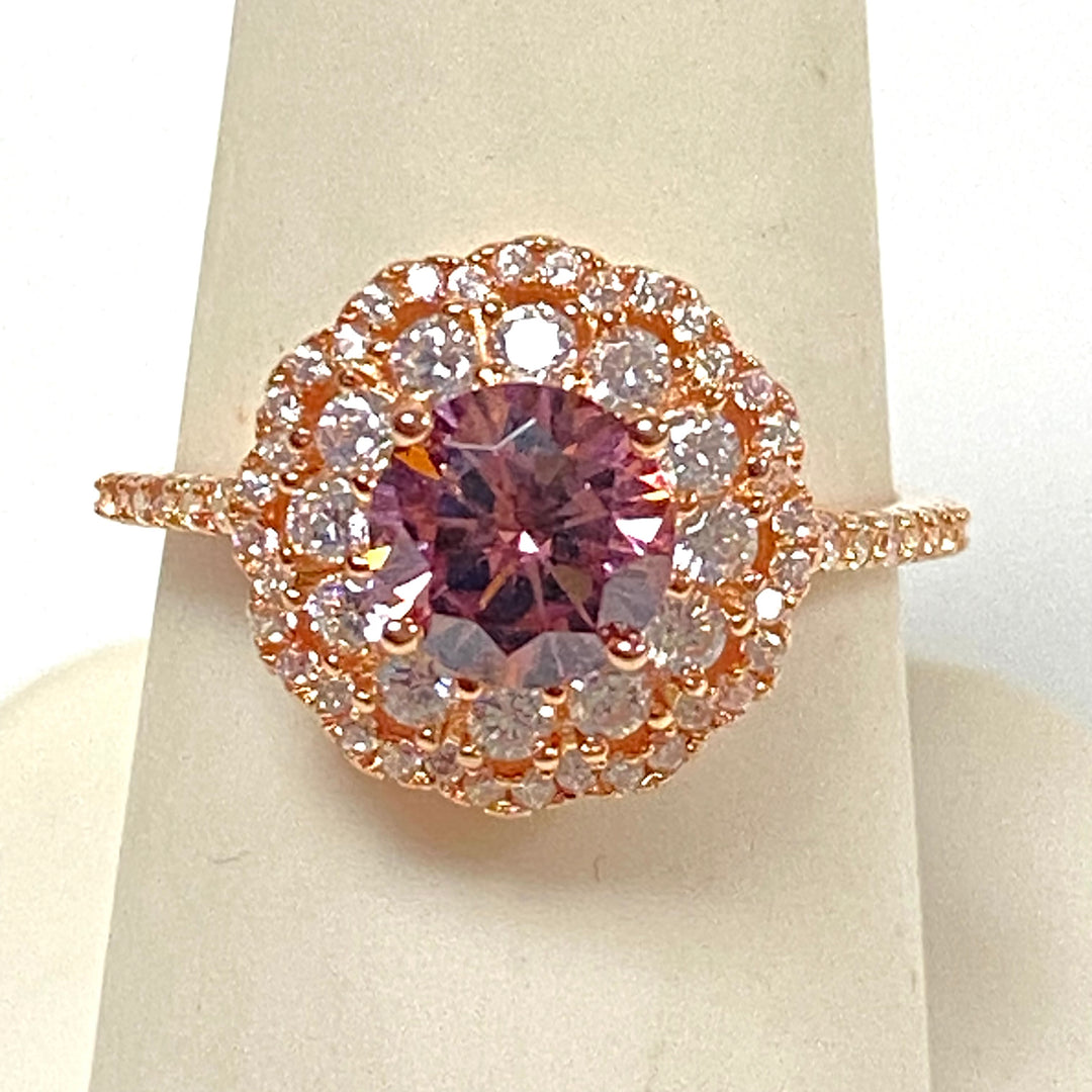 m845 Sterling Silver Round-cut Blush-pink Gemstone Ring Double Halo Setting Sz 8