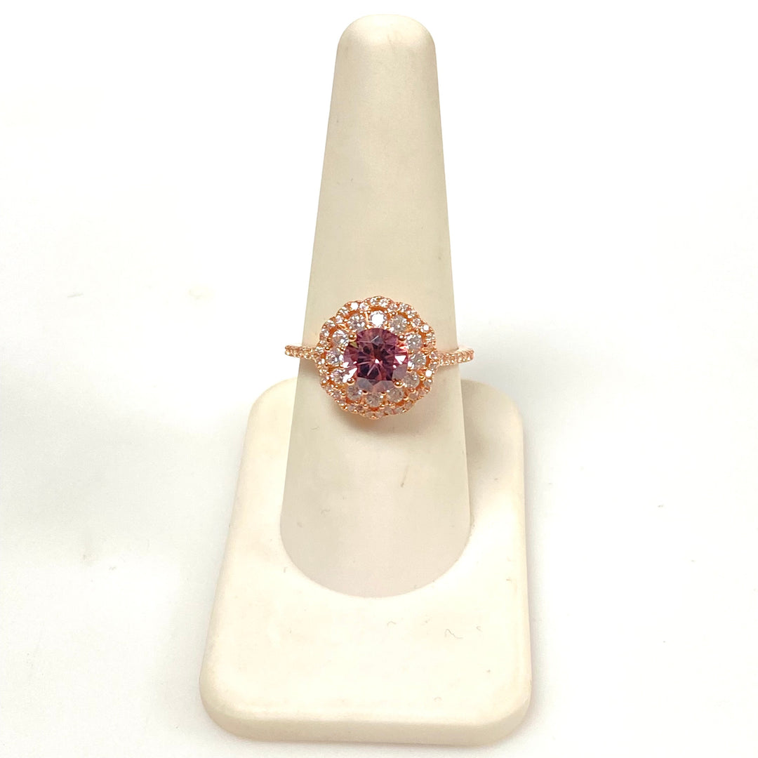 m845 Sterling Silver Round-cut Blush-pink Gemstone Ring Double Halo Setting Sz 8