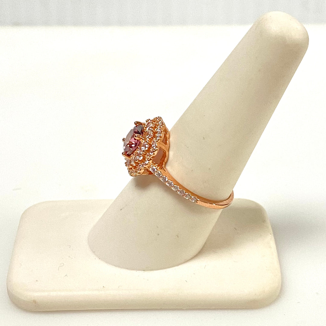 m845 Sterling Silver Round-cut Blush-pink Gemstone Ring Double Halo Setting Sz 8