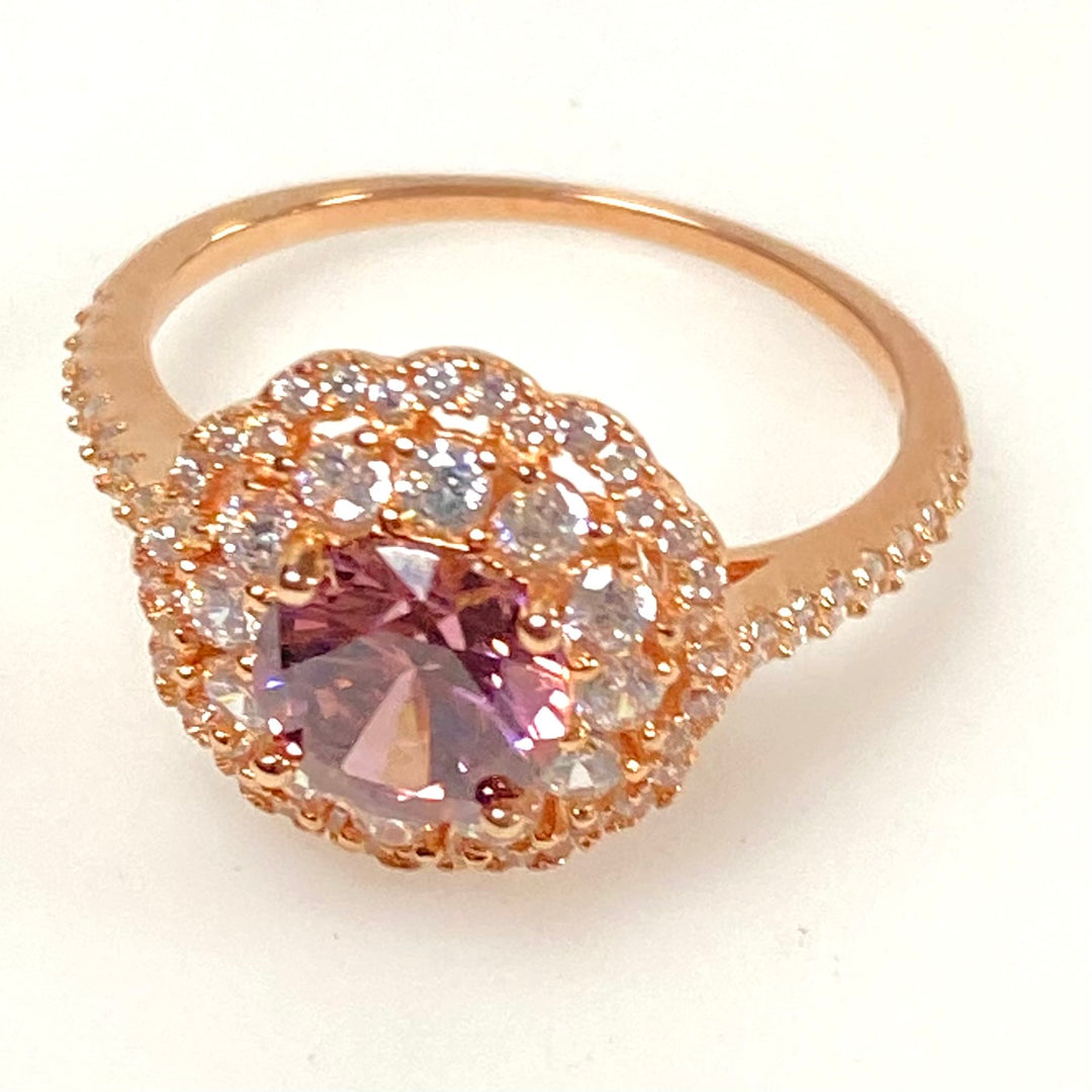 m845 Sterling Silver Round-cut Blush-pink Gemstone Ring Double Halo Setting Sz 8