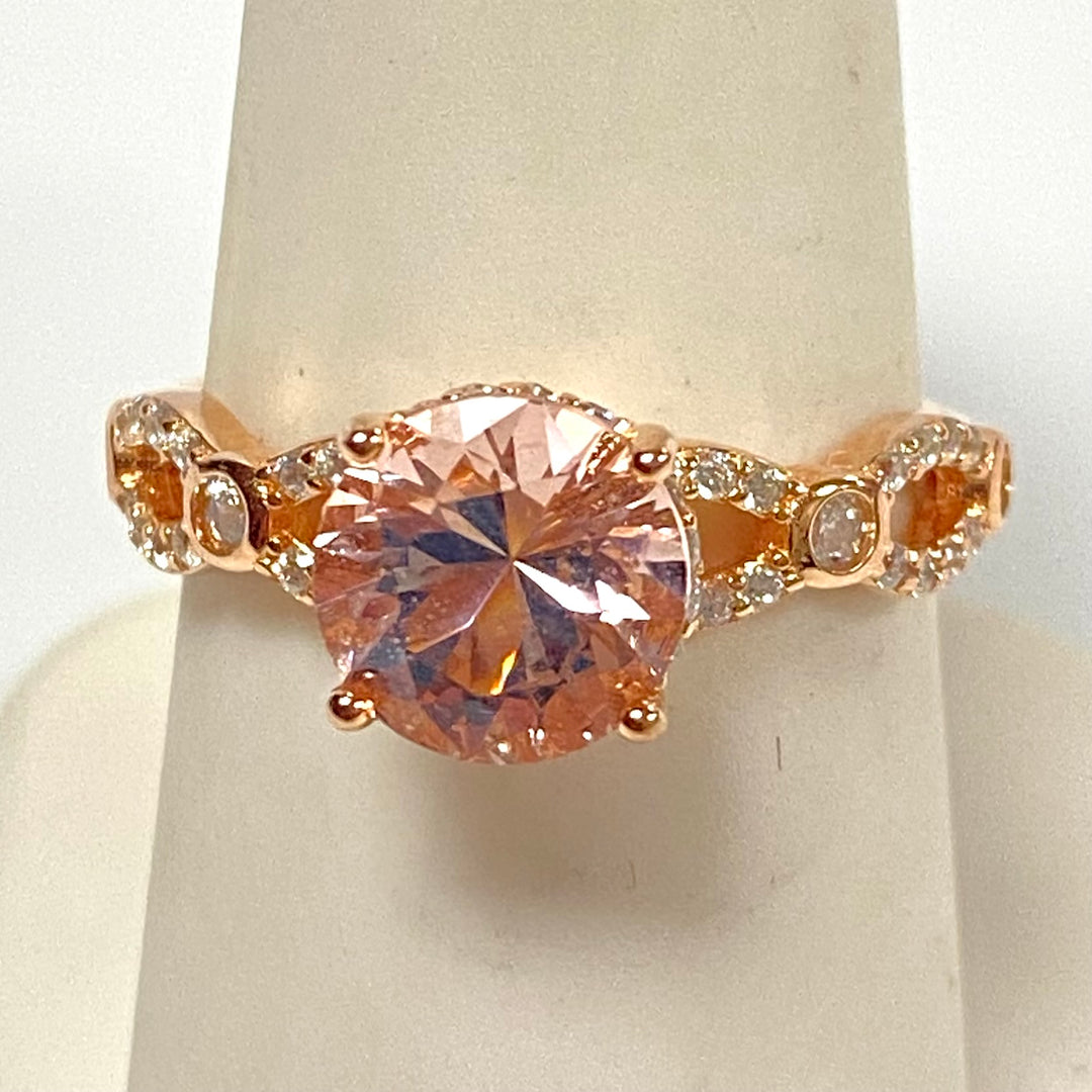 m846 Pink Morganite Simulant White Cubic Zirconia Rose Gold Over Sterling Ring