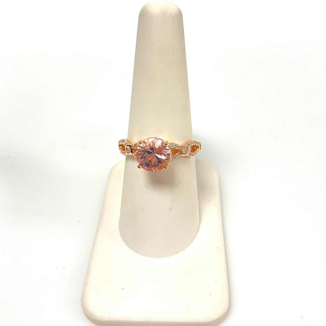 m846 Pink Morganite Simulant White Cubic Zirconia Rose Gold Over Sterling Ring