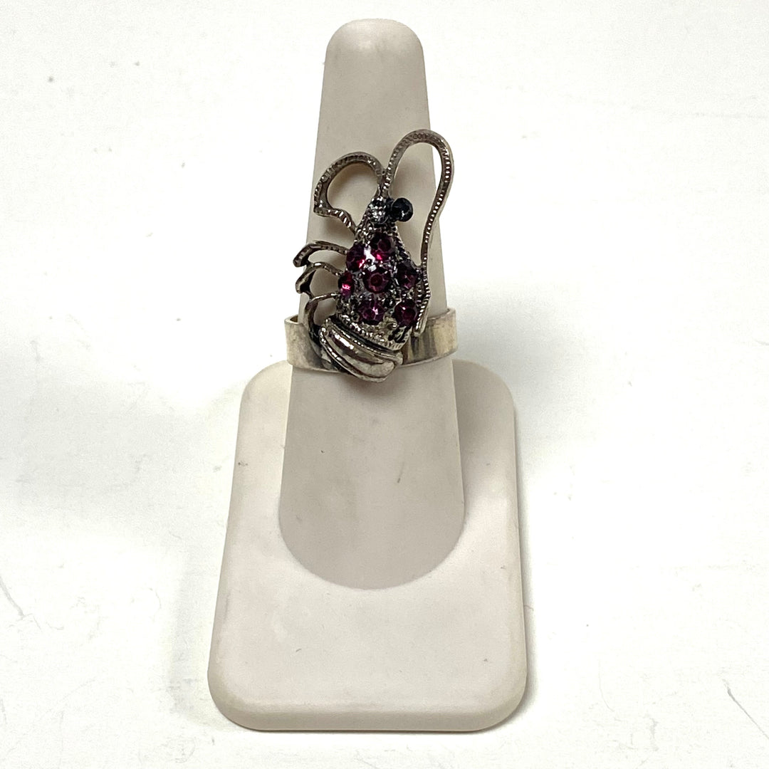 m850 Vintage Silver Tone Lobster Ring Accented with Cluster Style Rhinestones Size 8 Adjustable