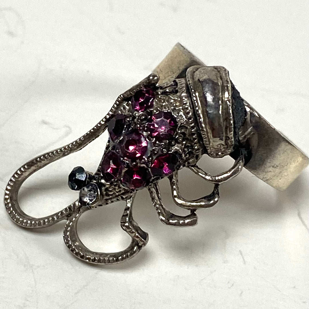 m850 Vintage Silver Tone Lobster Ring Accented with Cluster Style Rhinestones Size 8 Adjustable