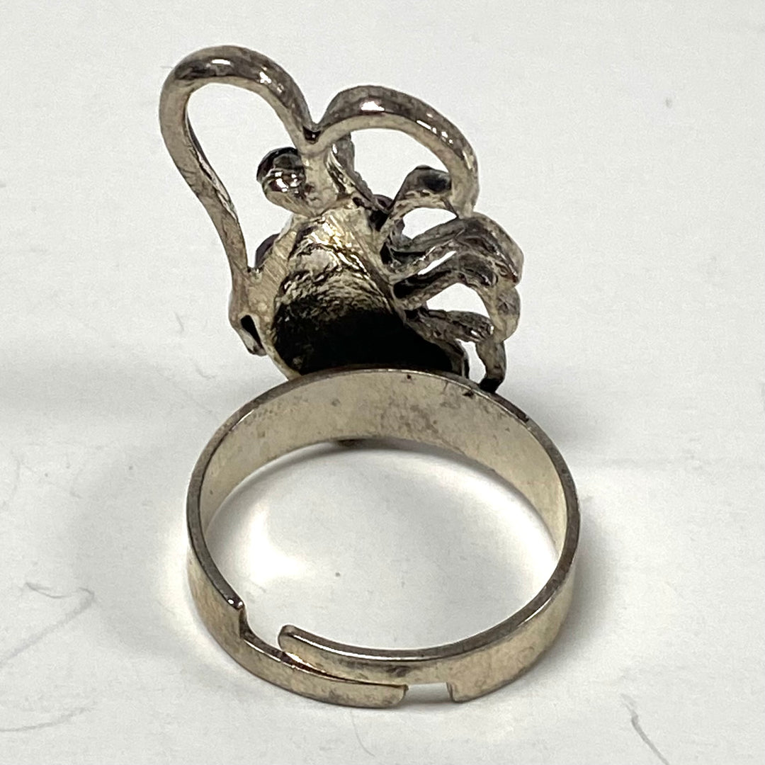 m850 Vintage Silver Tone Lobster Ring Accented with Cluster Style Rhinestones Size 8 Adjustable