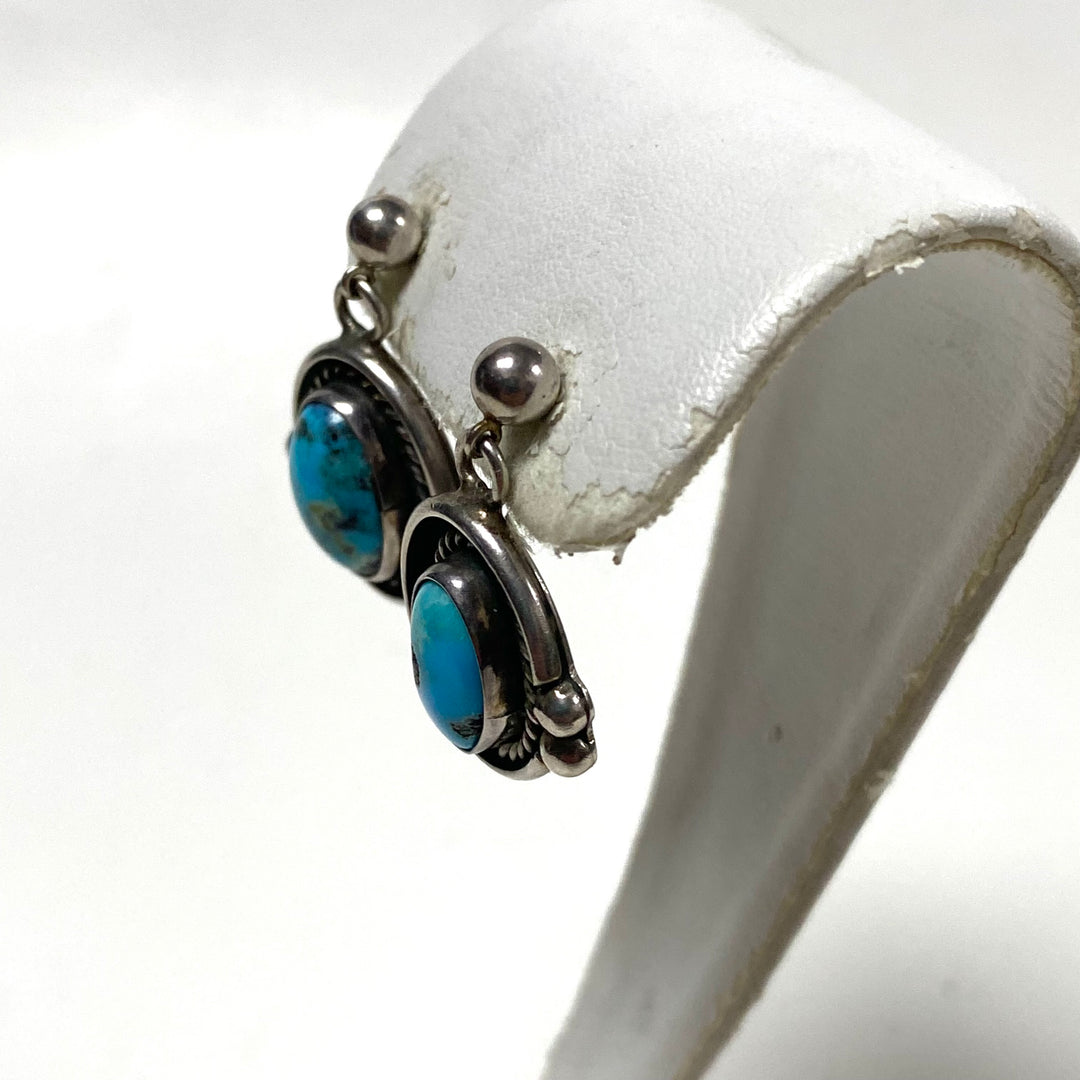 m852 Vintage Sterling Silver Navajo-style Turquoise Dangle Earrings Twisted Rope