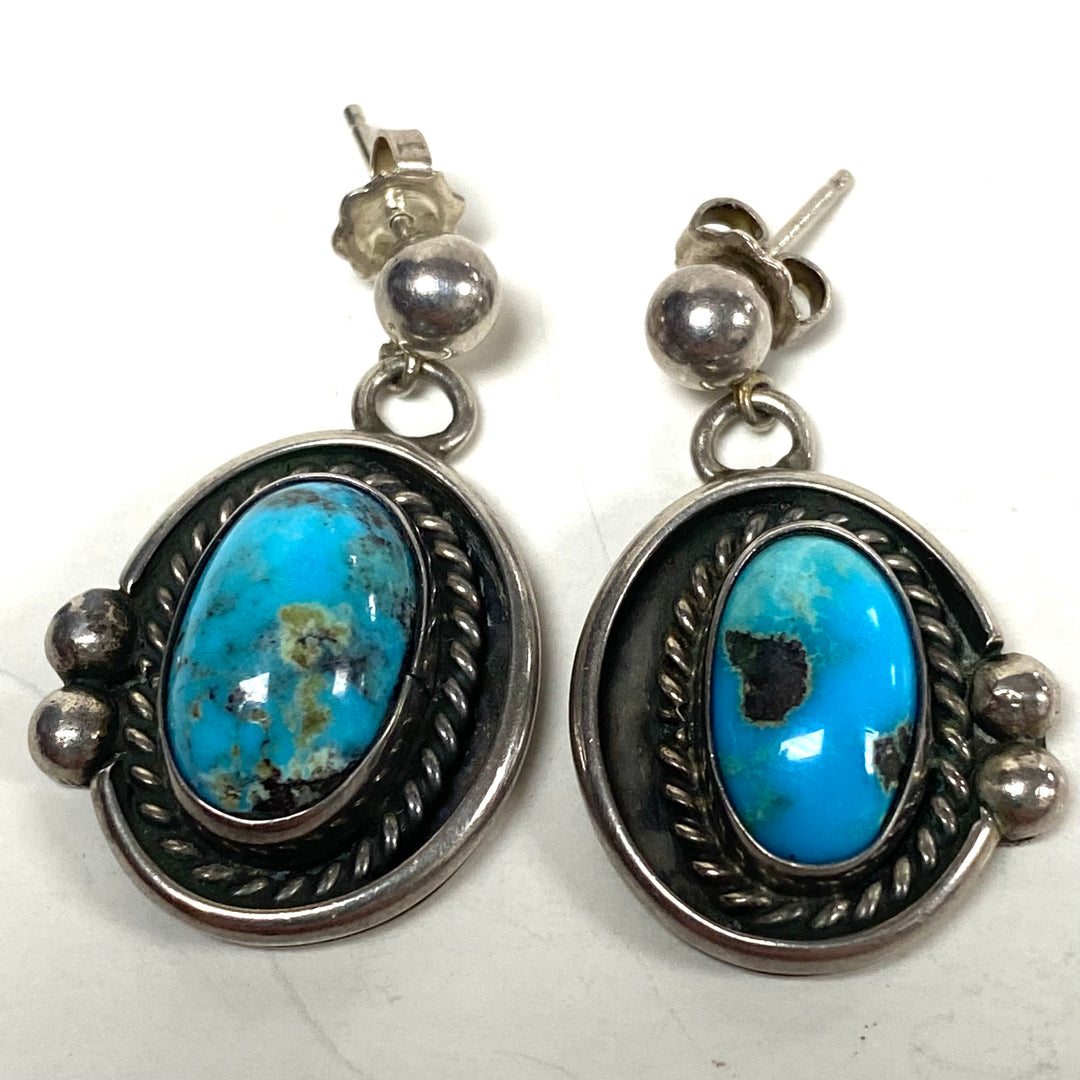 m852 Vintage Sterling Silver Navajo-style Turquoise Dangle Earrings Twisted Rope