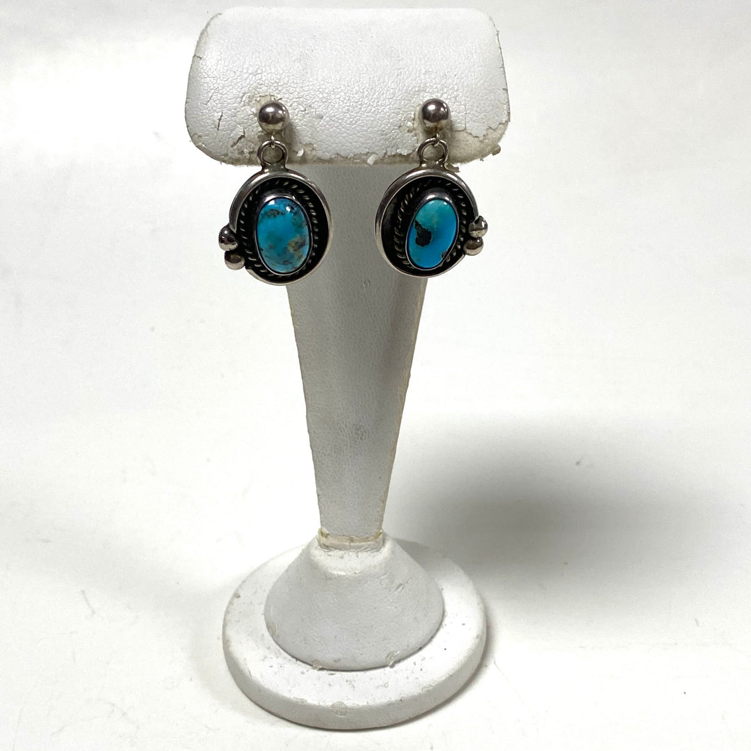 m852 Vintage Sterling Silver Navajo-style Turquoise Dangle Earrings Twisted Rope