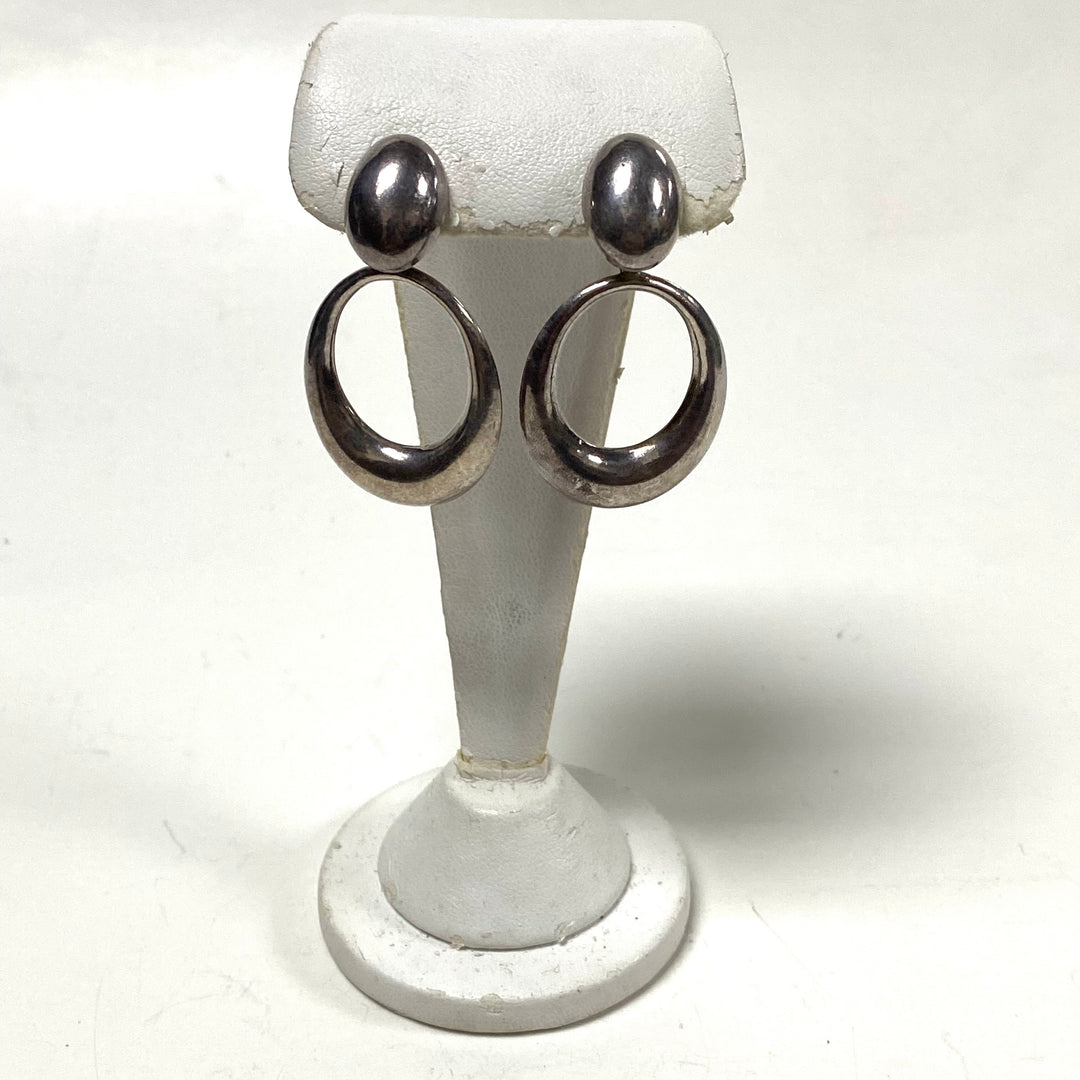 m853 Vintage Modernist Sterling Silver 925 Oval Hoop Door-knocker Drop Earrings