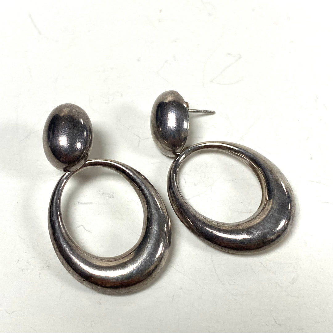 m853 Vintage Modernist Sterling Silver 925 Oval Hoop Door-knocker Drop Earrings